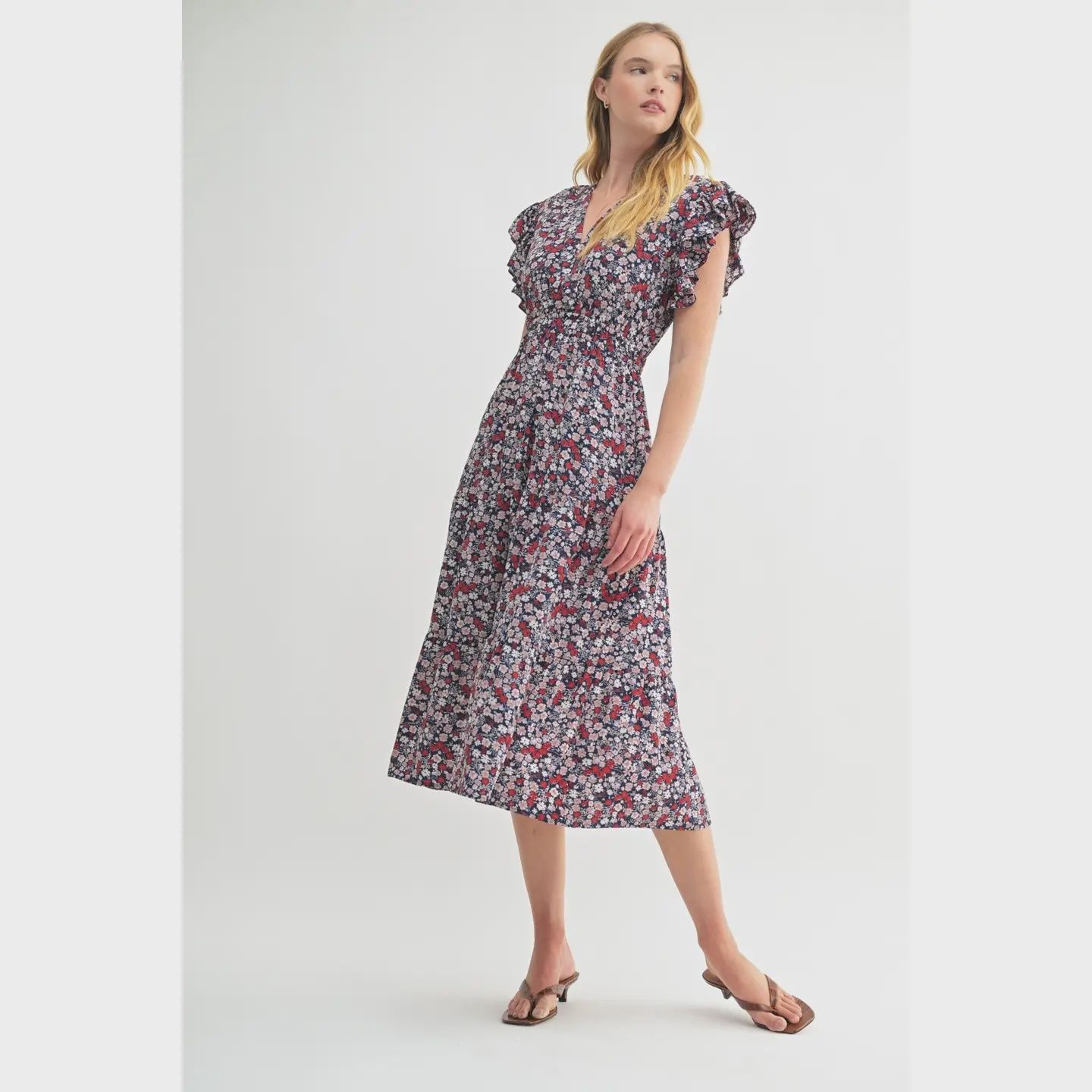 Ditsy Floral Ruffle Sleeve Tiered Dress in Navy, Size: Small