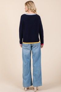 Round Neck Long Sleeve Sweater with Color Edge