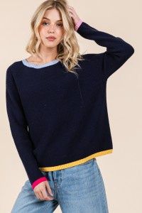 Round Neck Long Sleeve Sweater with Color Edge, Size: Small