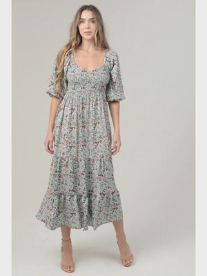 Sweetheart Smocked Midi Dress in Aqua