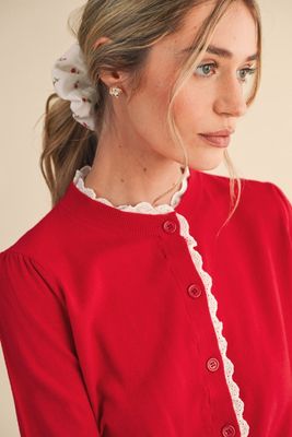 Lace Trimmed Sweater in Tango Red