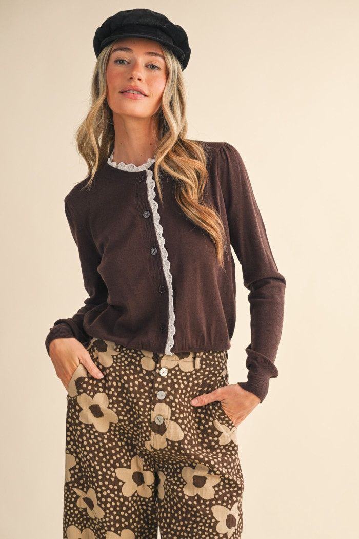 Lace Trimmed Sweater in Ash Brown