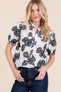 Embroidery V Neck Top in Ivory/Black