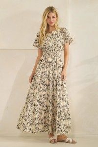 Floral Print Midi Dress in Black/Ivory, Size: Small