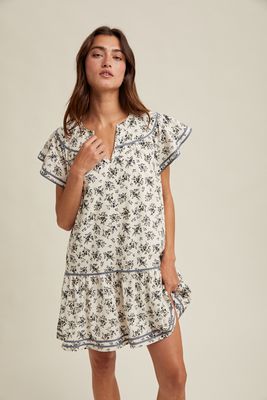 Floral Flutter Sleeve Mini in Cream/Blue