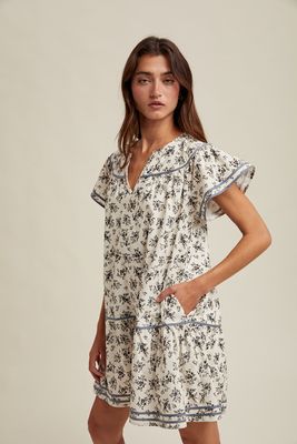 Floral Flutter Sleeve Mini in Cream/Blue