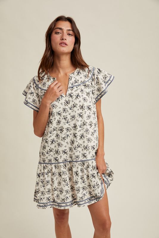 Floral Flutter Sleeve Mini in Cream/Blue, Size: Small