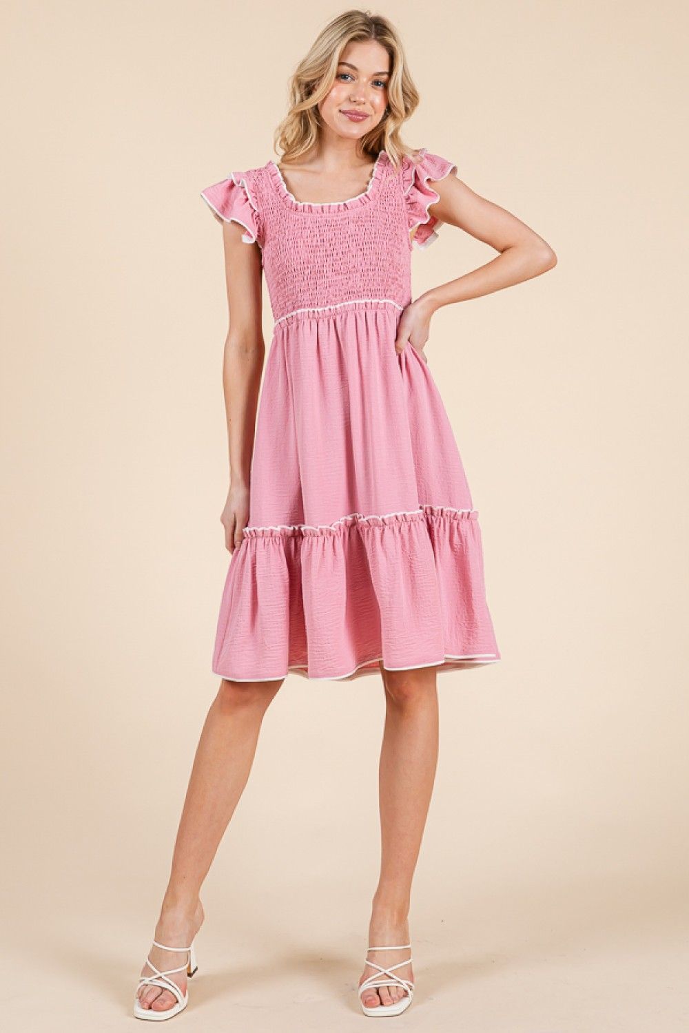 Ruffled smoked dress in Dusty Pink, Size: Small
