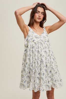 Pleated Floral Mini in Cream/Blue