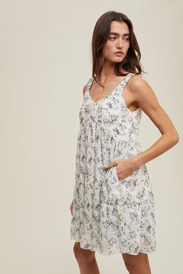 Pleated Floral Mini in Cream/Blue