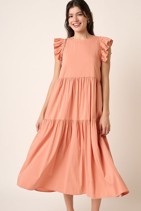 Ruffle Short Sleeve Dress in Salmon, Size: Small