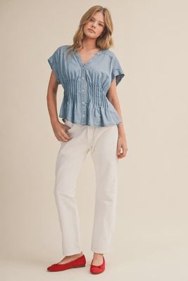Linen Short Sleevel Pleated Shirt in Lt. Denim
