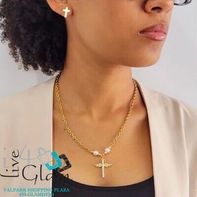 Stainless Steel Cross Angel Wings and Pearl Set