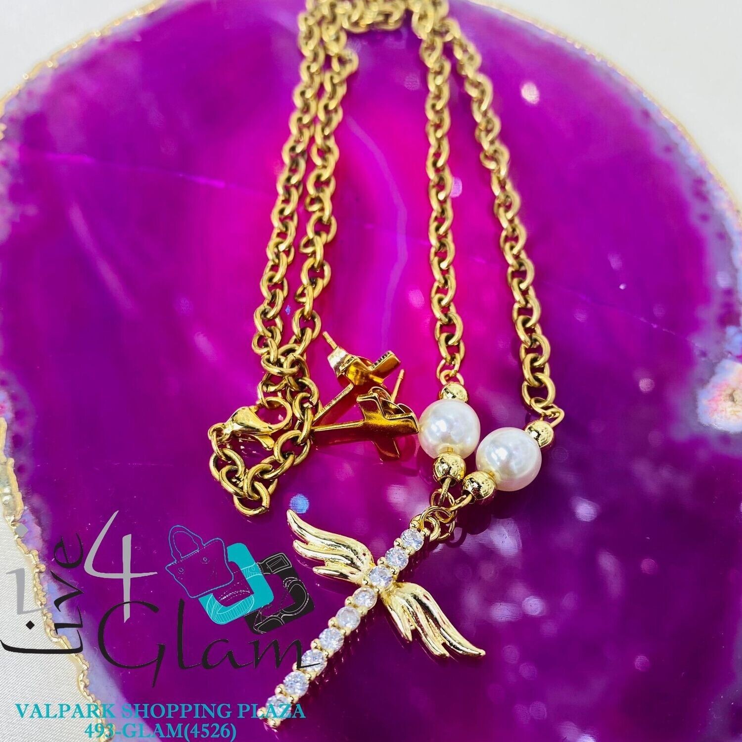 Stainless Steel Cross Angel Wings and Pearl Set