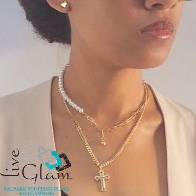 Stainless Steel Two Layer Cross And Pearl Chain Set