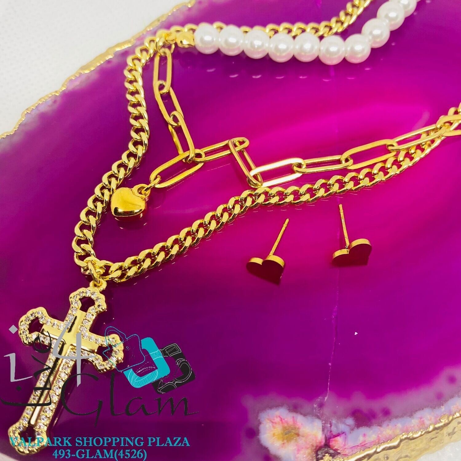 Stainless Steel Two Layer Cross And Pearl Chain Set