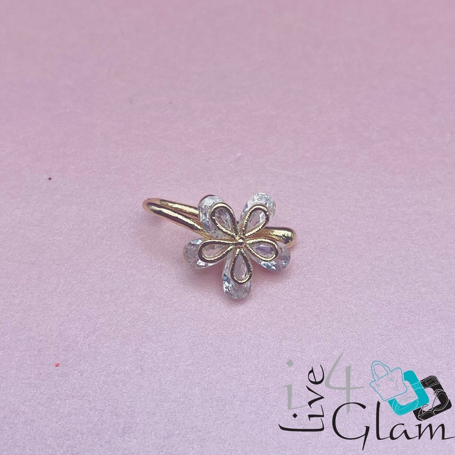 Fashion CZ Fancy Flower Nose Cuff, Color: Gold