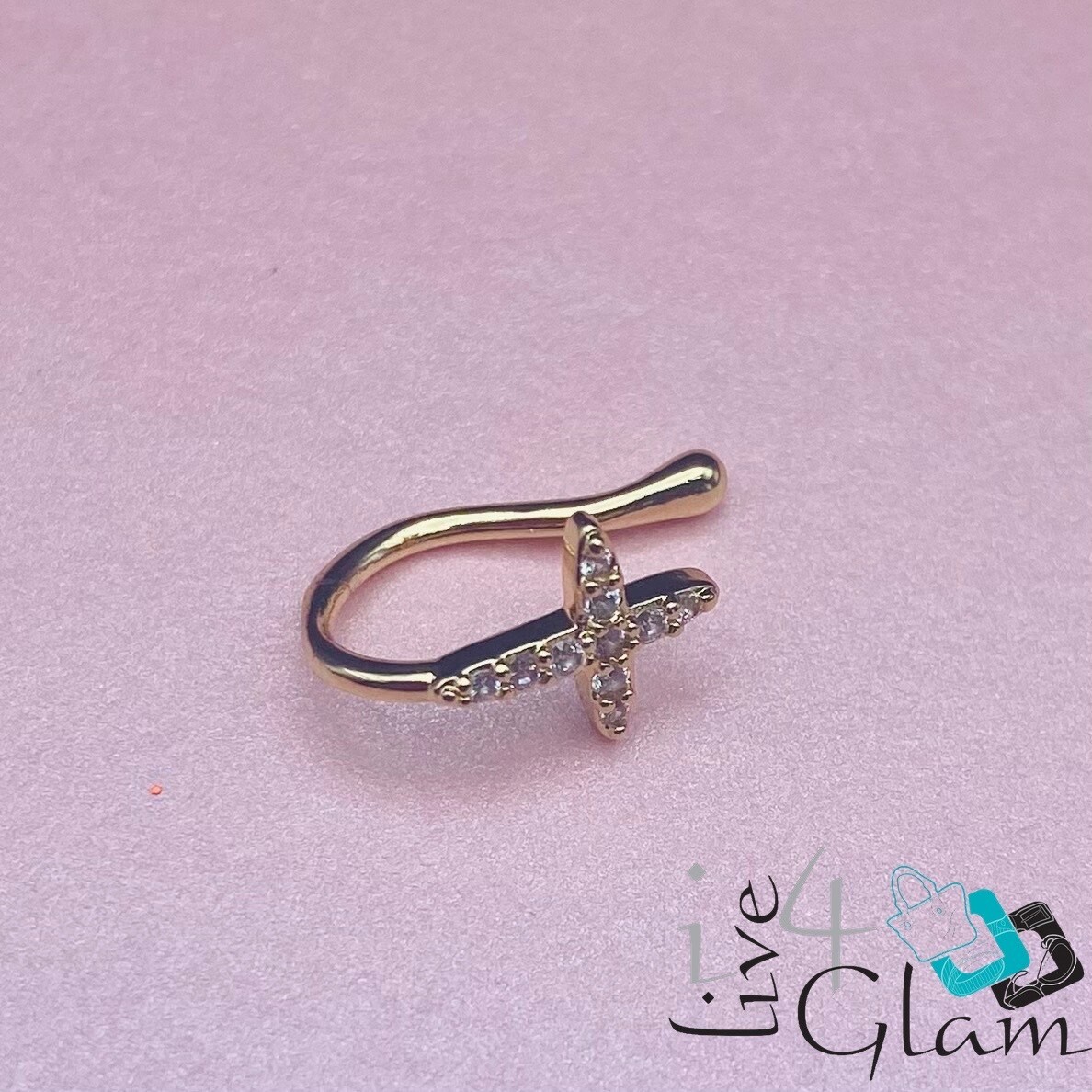 Fashion CZ Ponity Cross Nose Cuff, Color: Gold