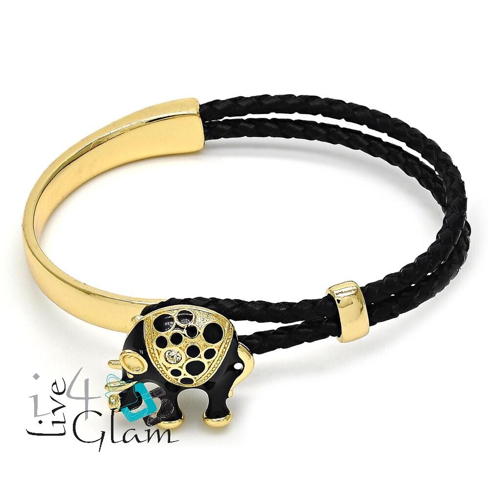 Gold Layered and Leather Elephant CZ Bangle