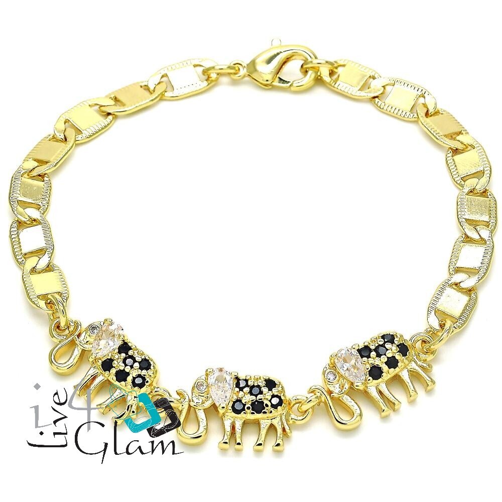 Gold Layered Bracelet Elephant, Black / White CZ