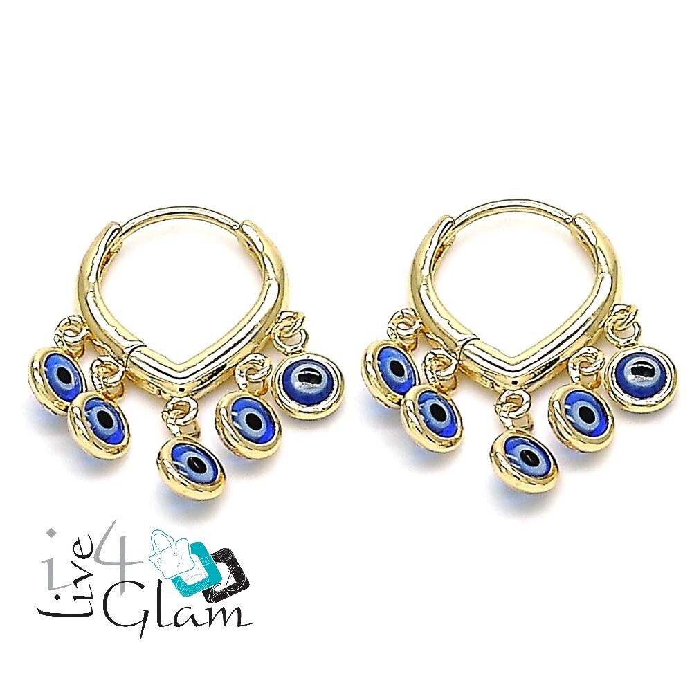 Gold Layered Hanging Blue Greek Eye Huggie