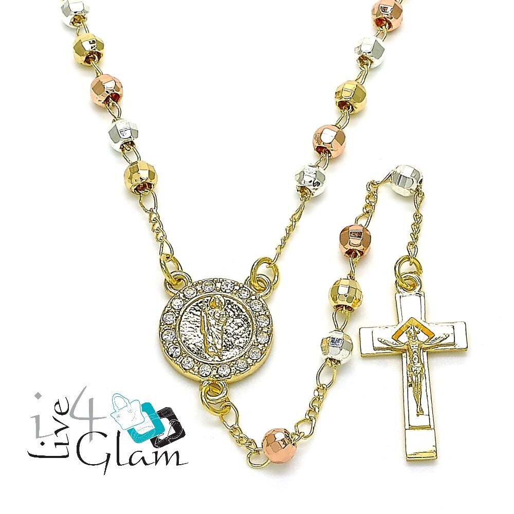 Gold Layered San Judas Tri Color Crucifix Rosary