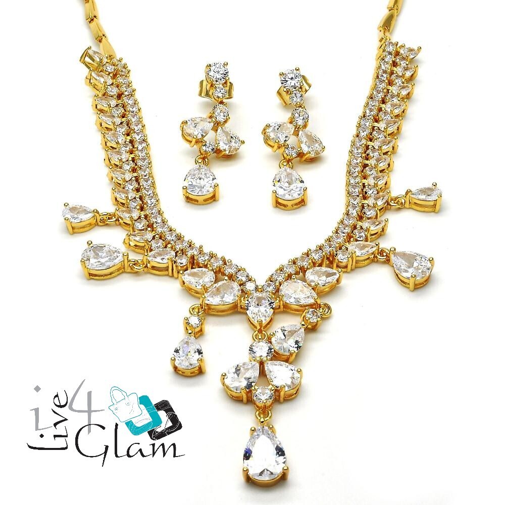 Gold Layered Teardrop CZ Necklace and Earring Set