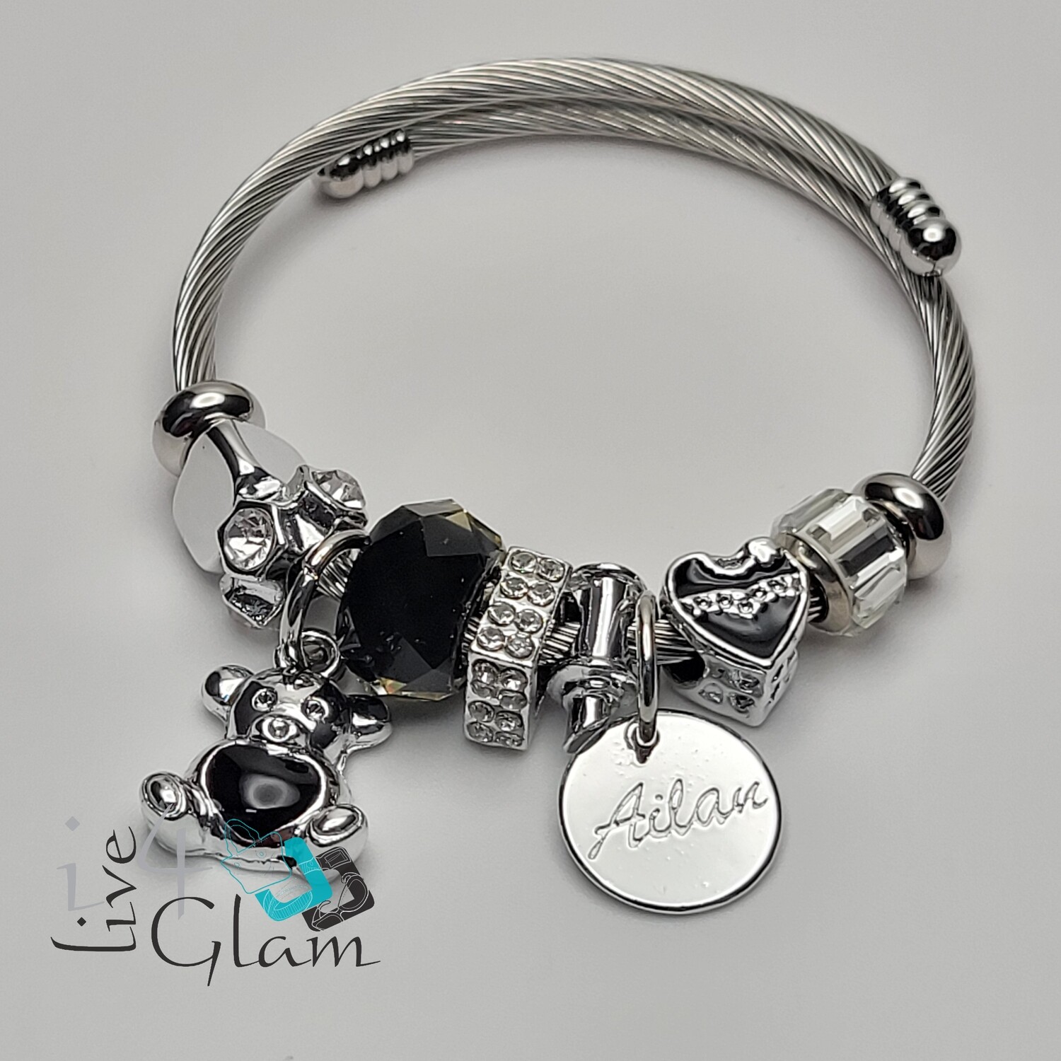 Stainless Steel Bear Charm Bracelet, Color: Black