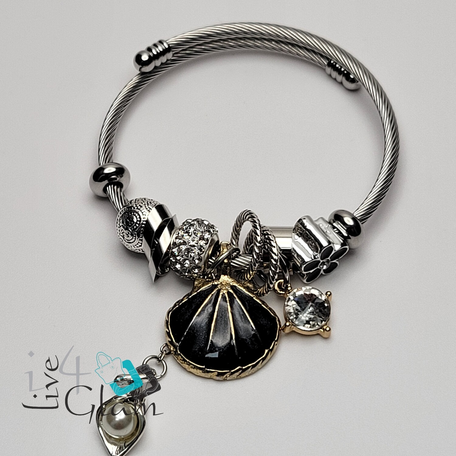 Stainless Steel Seashell Charm Bracelet, Color: Black