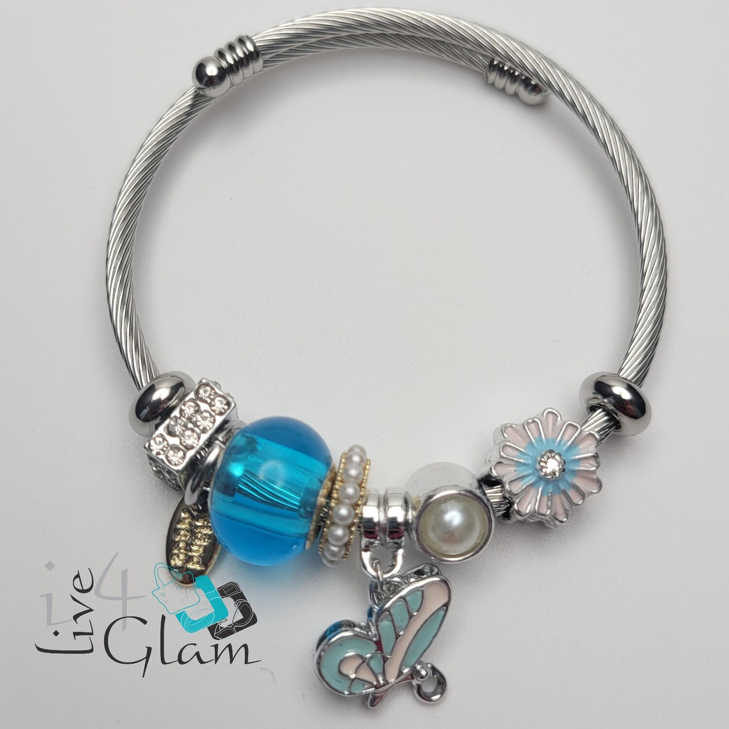 Stainless Steel Butterfly Charm Bracelet, Color: Blue