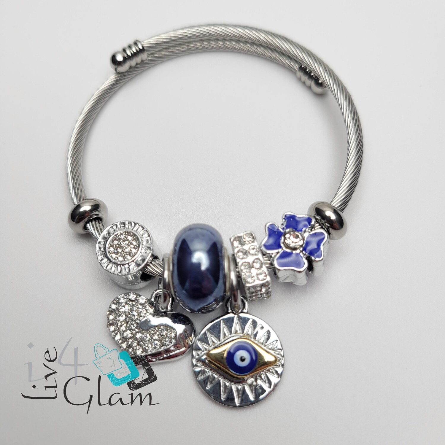 Stainless Steel Evil Eye Charm Bracelet, Color: Dark Blue