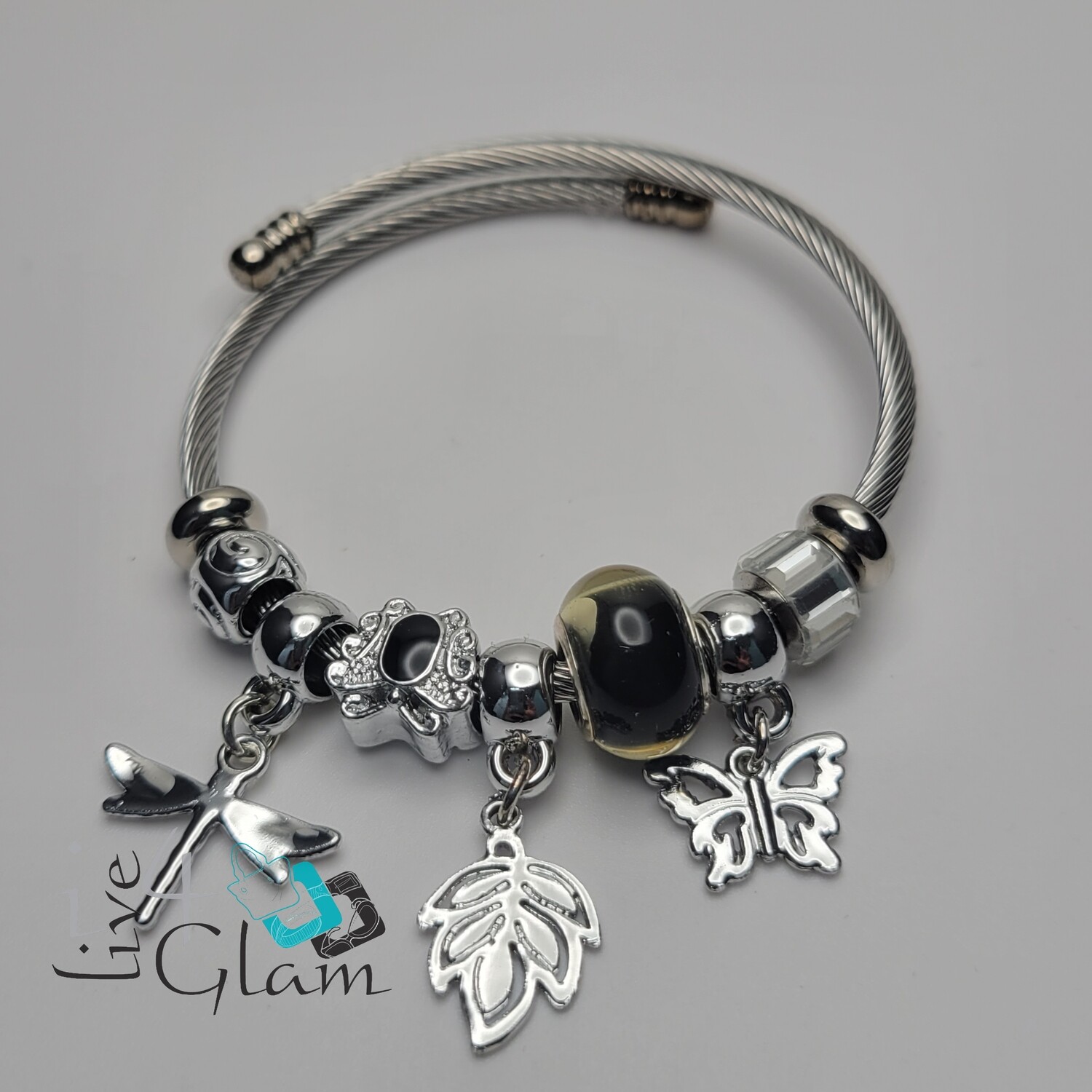 Stainless Steel Leaf Charm Bracelet, Color: Black