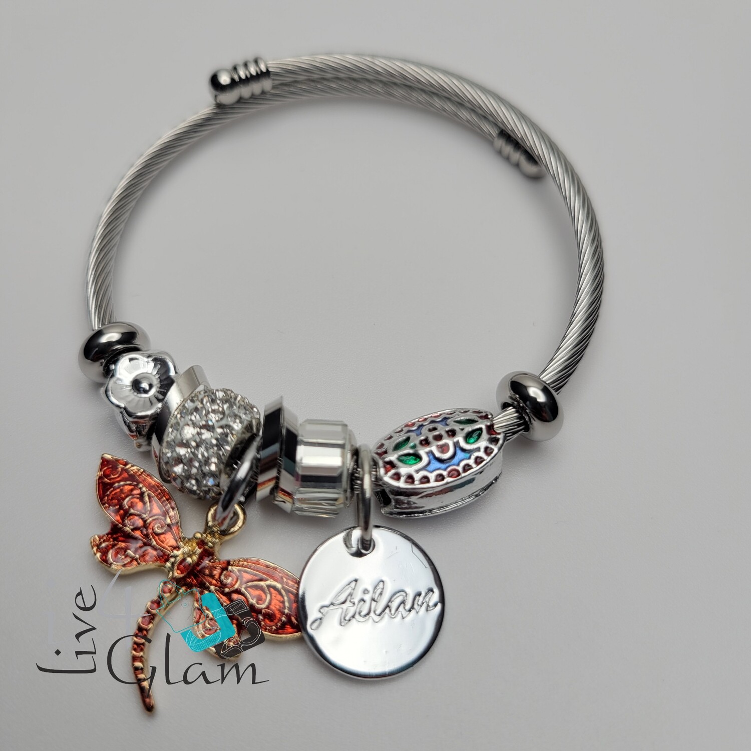 Stainless Steel Dragonfly Charm Bracelet, Color: Red