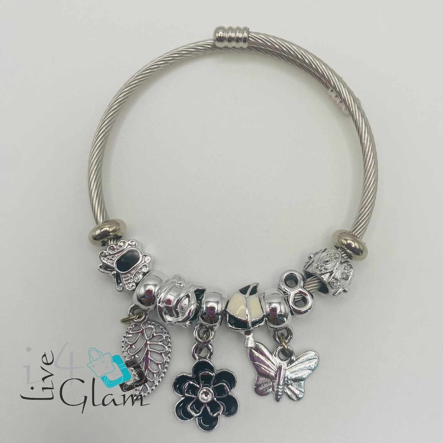 Stainless Steel Flower  Charm Bracelet, Color: Black