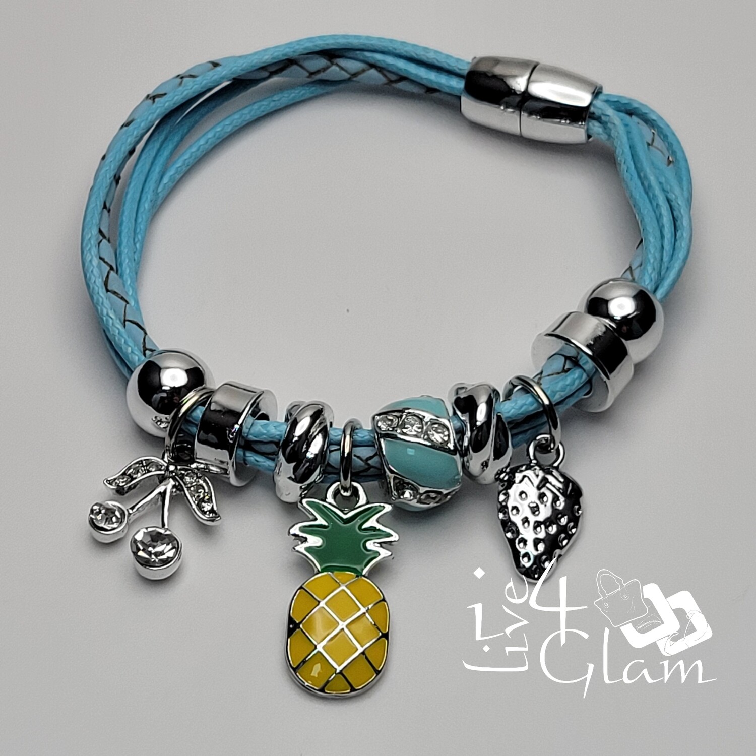 Magnetic Leather Pineapple Charm Bracelet, Color: Blue
