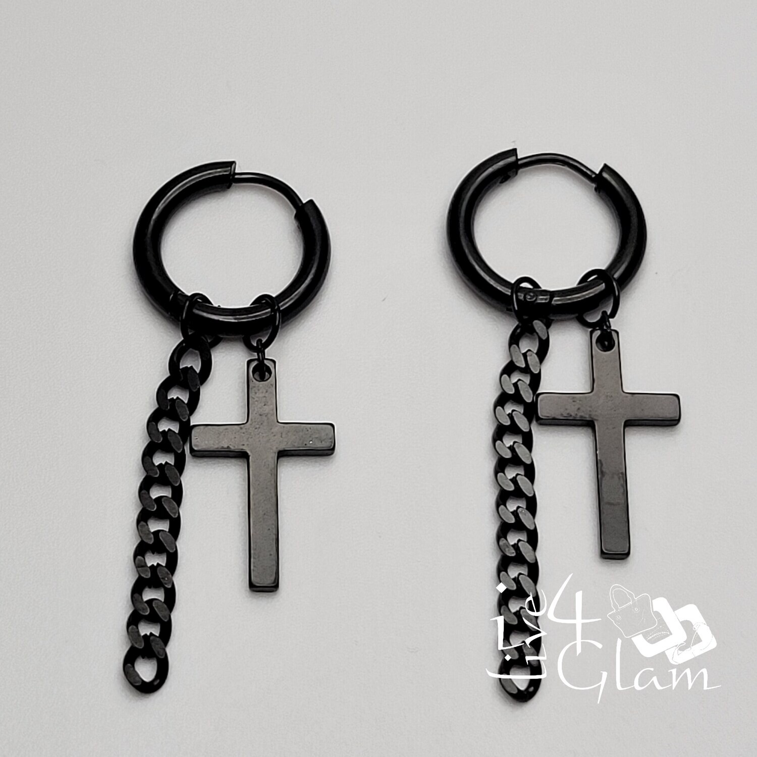Stainless Steel Dangling cross with Chain Huggie, Color: Black