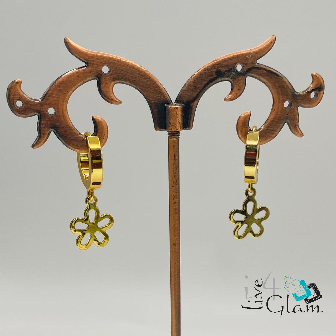Stainless Steel Dangle Huggie Gold Flower
