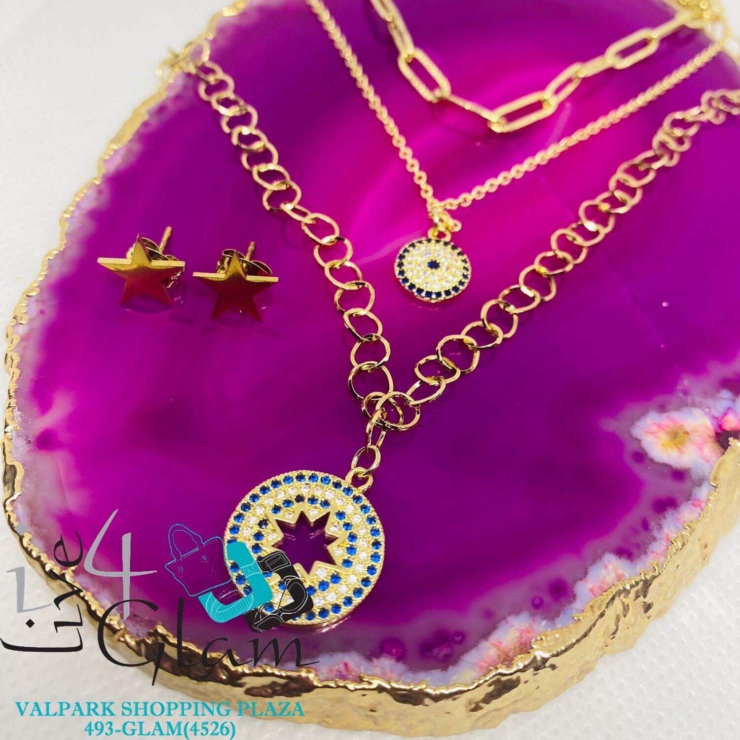 Stainless Steel Star and Circle CZ Chain Set