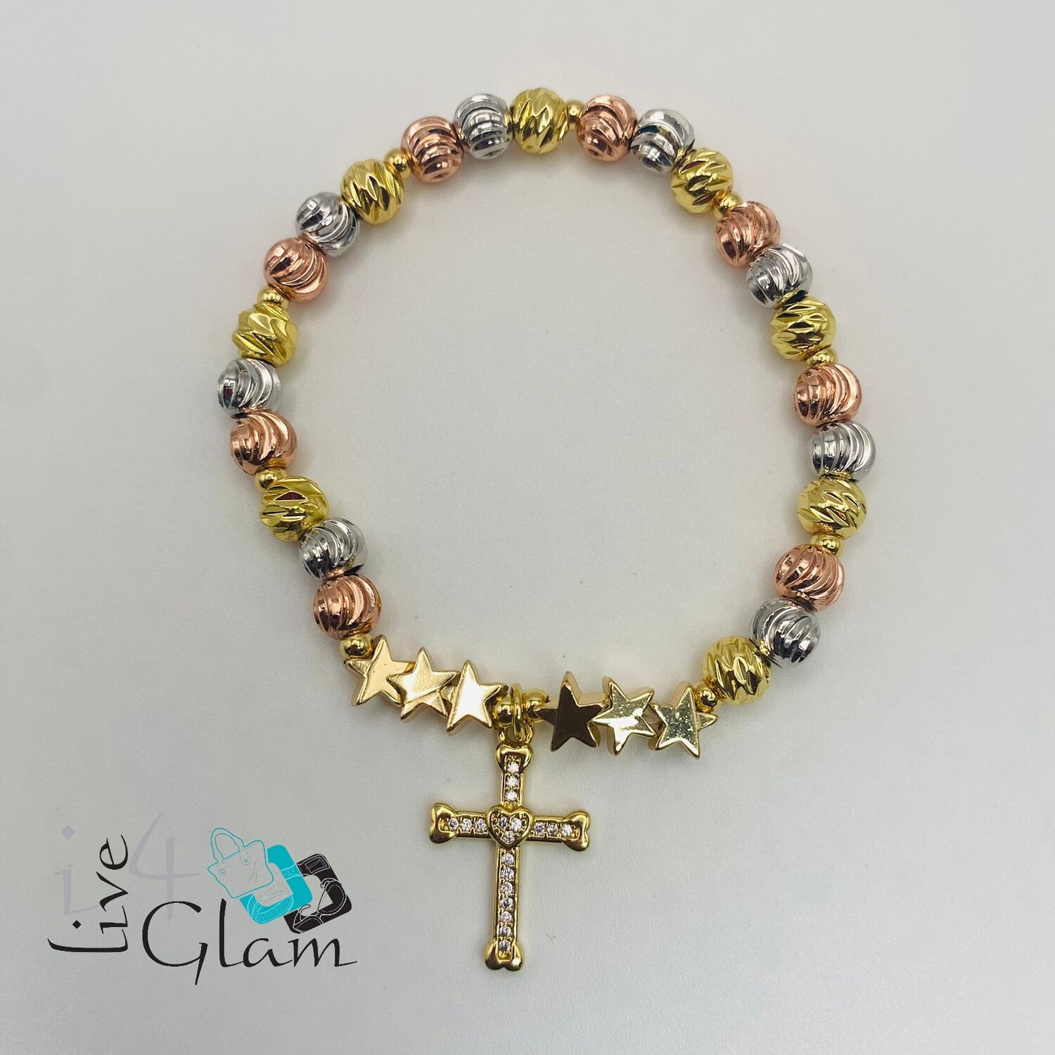 Stainless Steel Tri Colour Charm Bracelet Cross