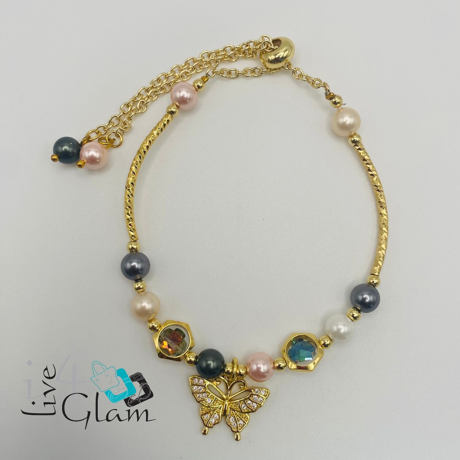 Stainless Steel Tri Colour Butterfly Charm Bolo Bracelet