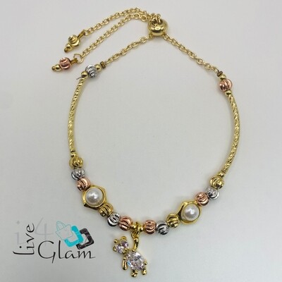 Stainless Steel Tri Colour CZ Bear Charm Bolo Bracelet