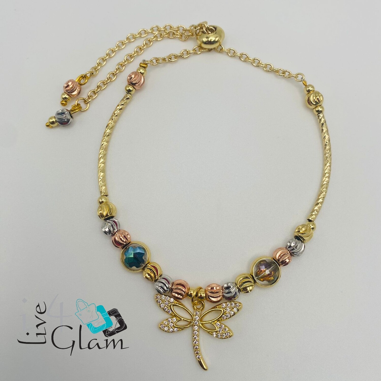 Stainless Steel Tri Colour Dragonfly Charm Bolo Bracelet