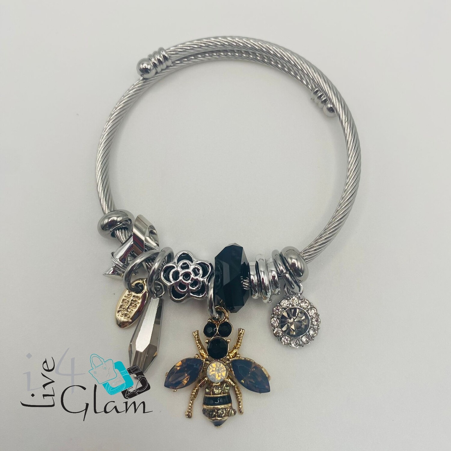 Stainless Steel Bee Charm Bracelet, Color: Black