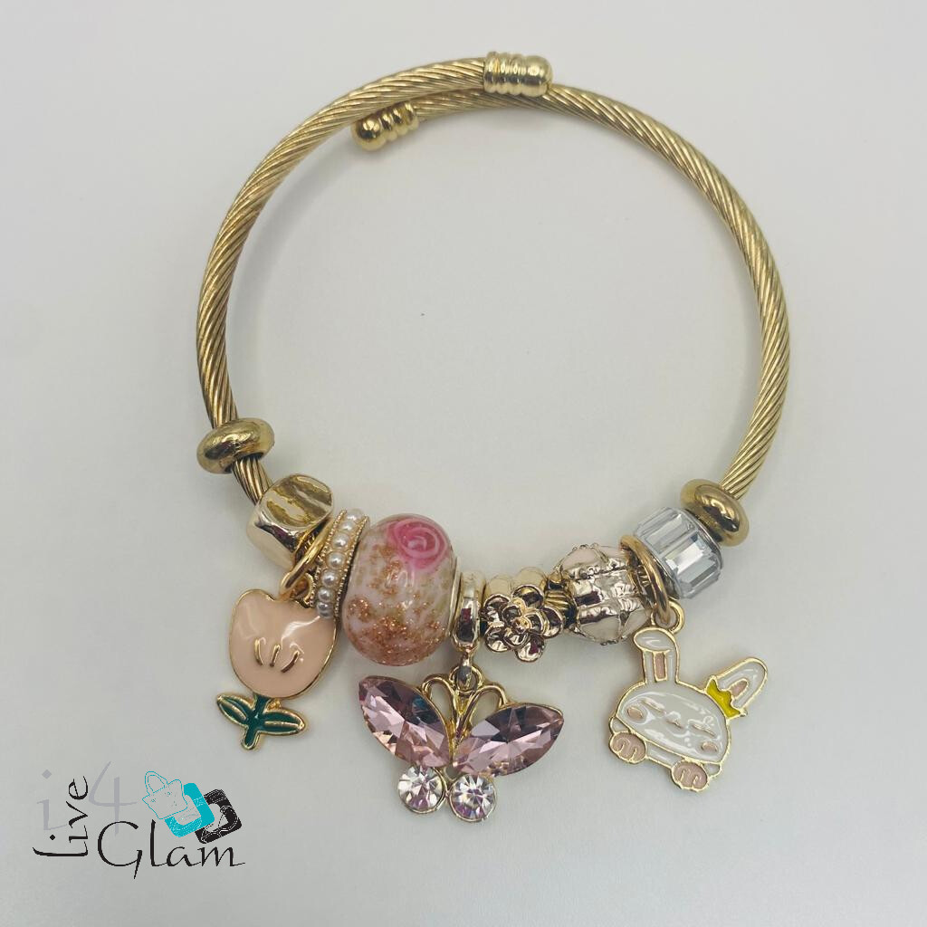 Stainless Steel Pink Butterfly Charm Bracelet
