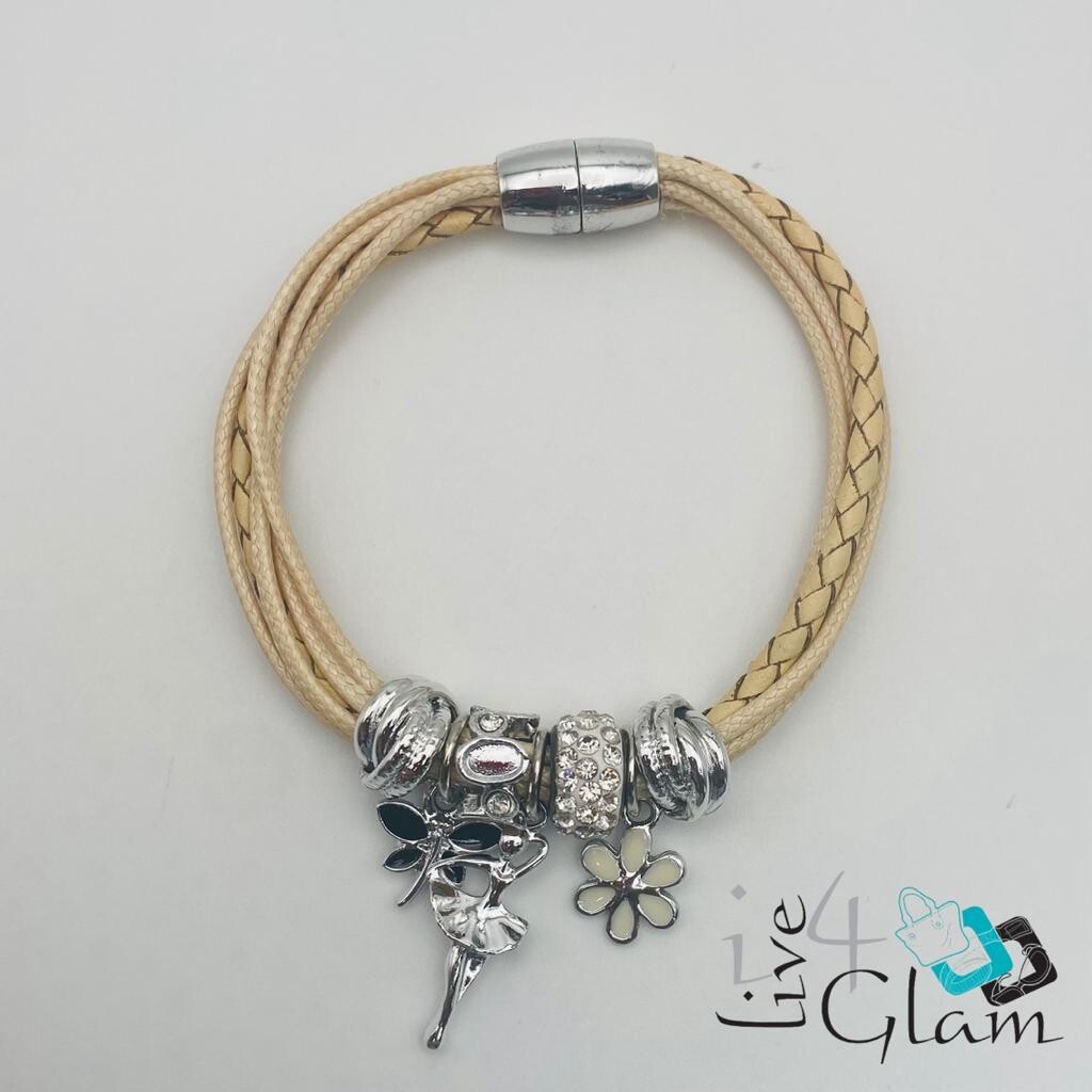 Magnetic Leather Ballerina Charm Bracelet, Color: Beige