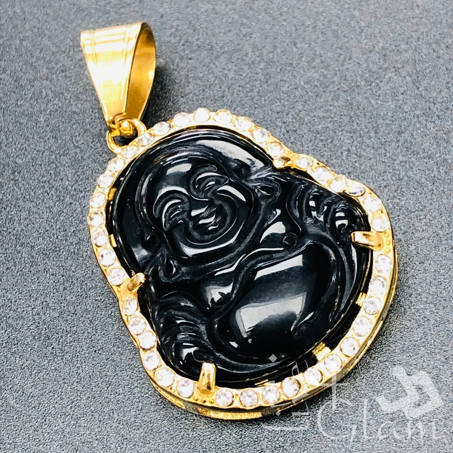 Stainless Steel  Jade CZ Buddha Pendant, Color: Black