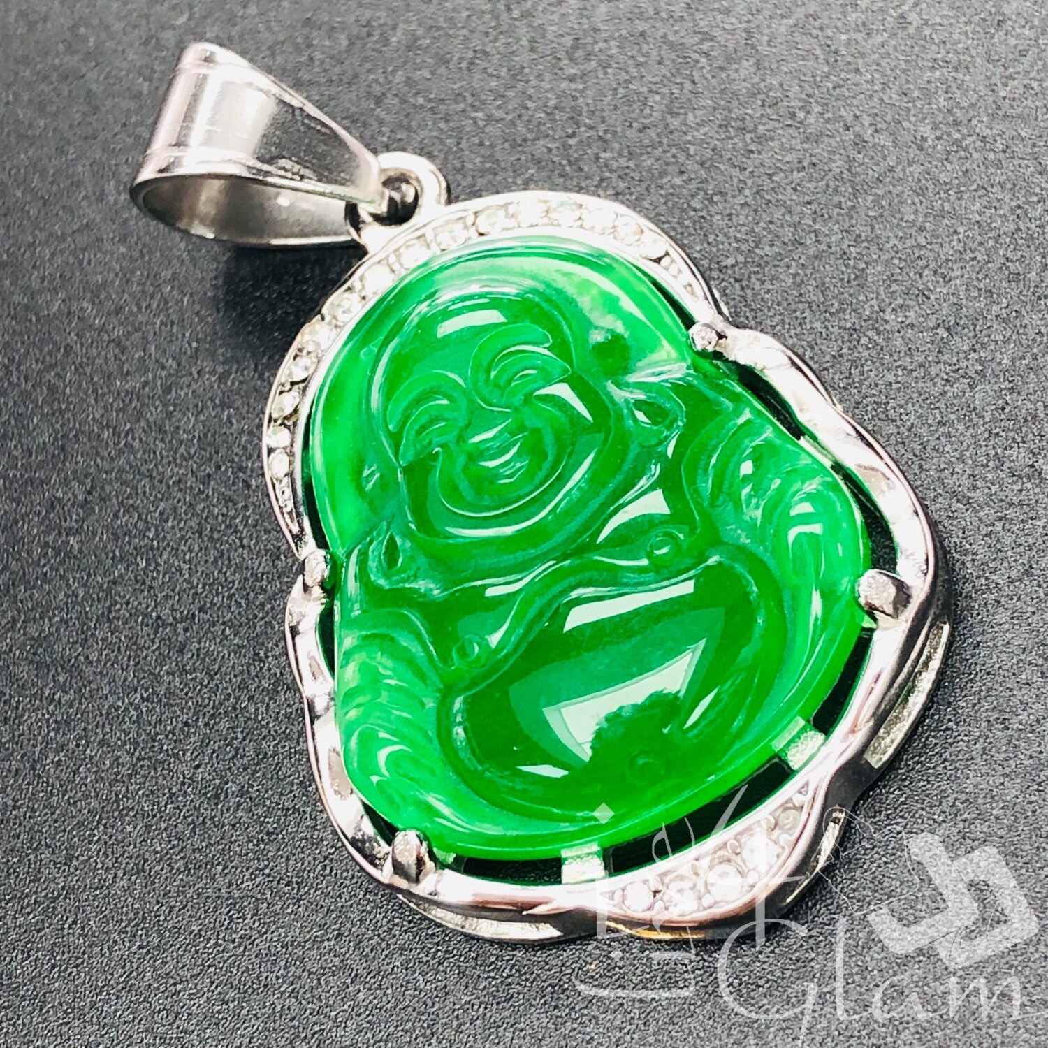 Stainless Steel Jade Silver CZ Buddha Pendant, Color: Green