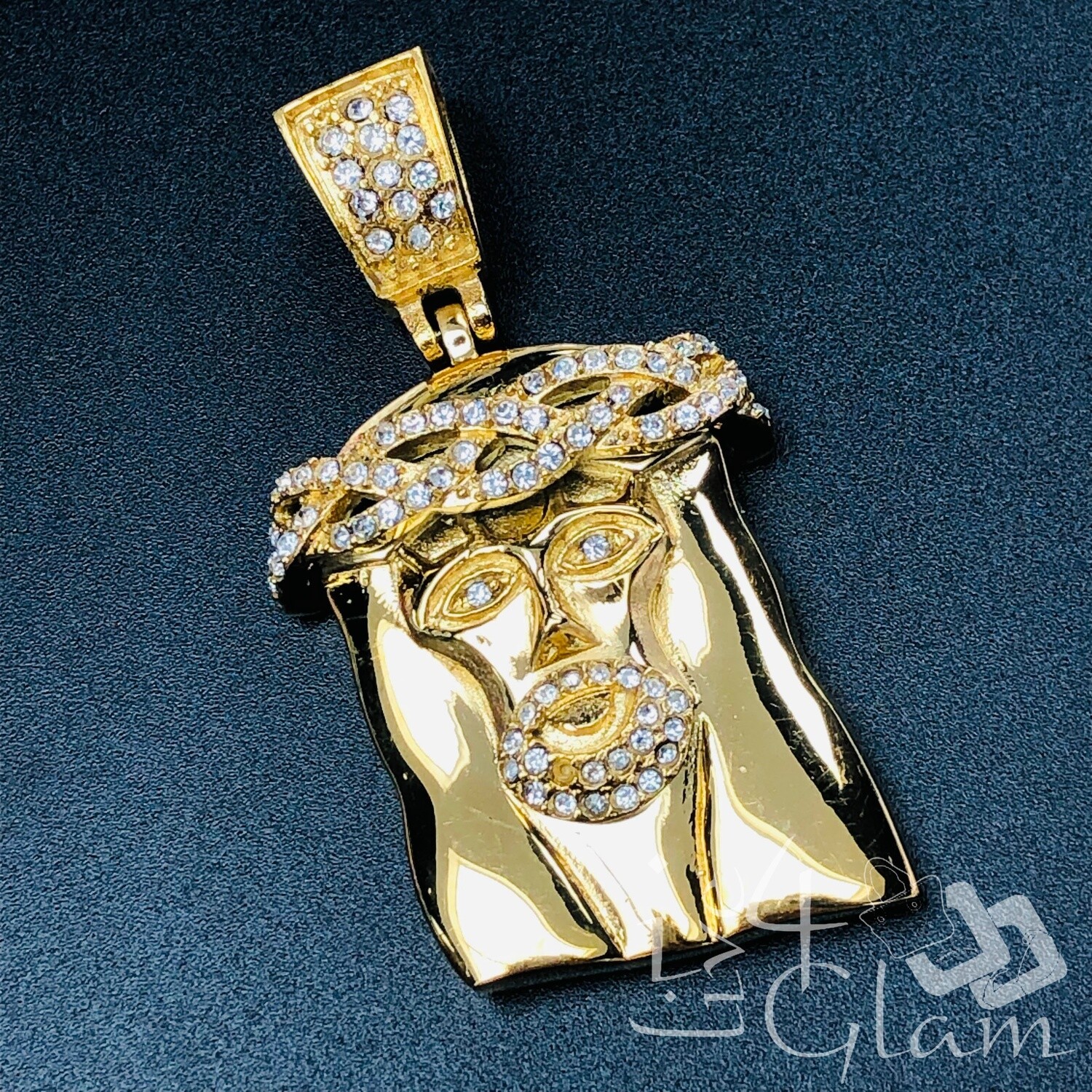 Stainless Steel Jesus Head w CZ Crown Pendant