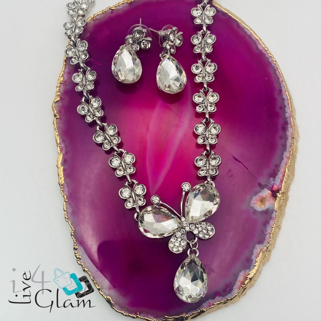 Crystal Butterfly Chain and Earring Tear Drop Set