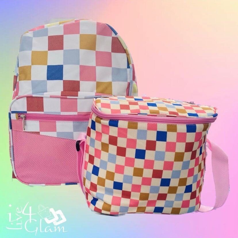 Checkered Backpack and Lunch Bag Pink